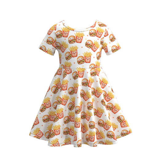 (Custom Design Preorder MOQ 5) Chips Hamburger Print Girls Knee Length Summer Dress