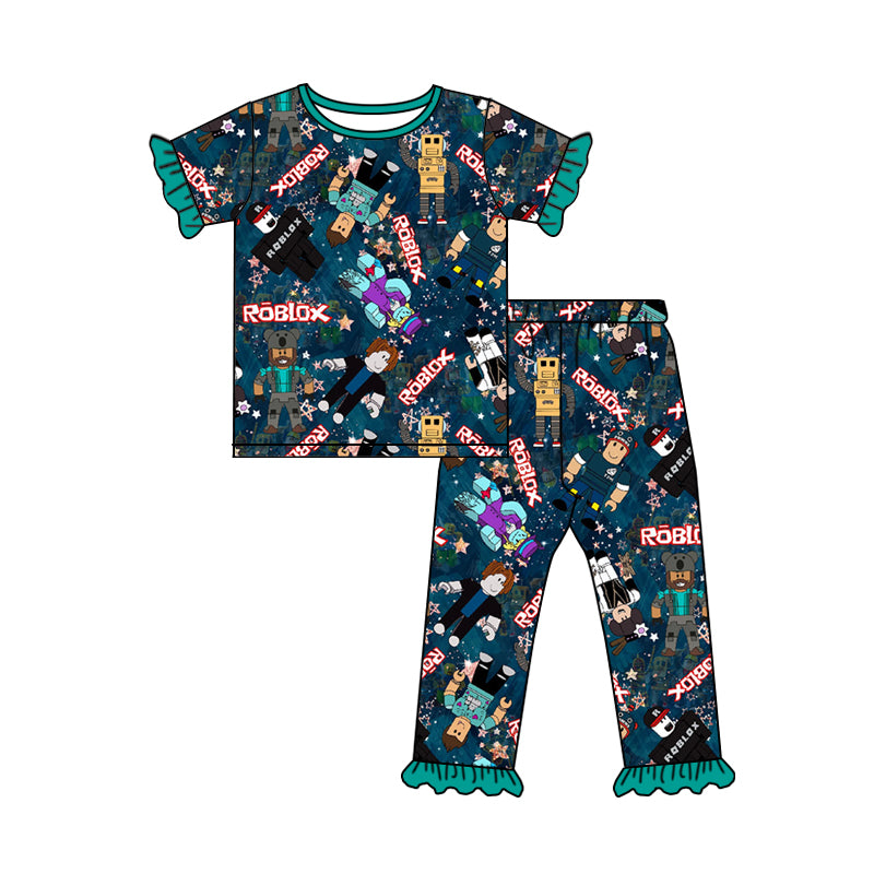 (Custom Design MOQ 5) Green Game Design Girls Pajamas Clothes Set