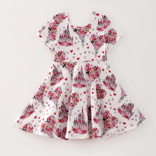 (Custom Design Preorder MOQ 5) Balloon Castle Hearts Print Girls Valentine's Day Knee Length Dress
