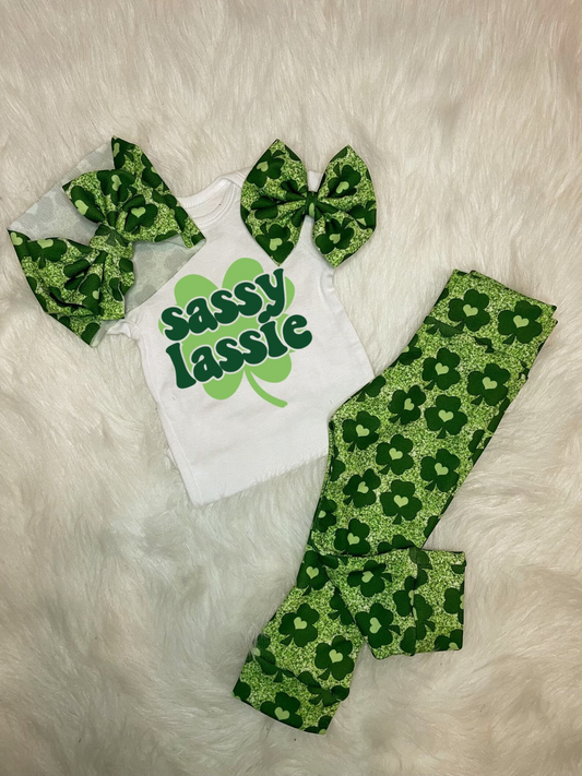 (Custom Design MOQ 5) Sassy Lassie Legging Pants Girls St. Patrick's Clothes Set