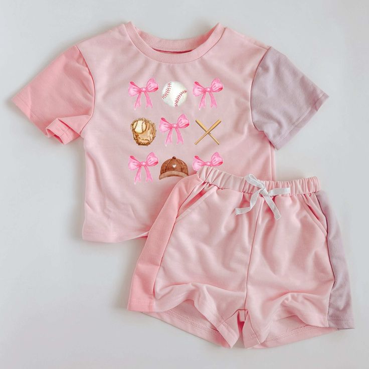(Custom Design Preorder MOQ 5)  Baseball Bows Pink Top Pockets Shorts Girls Summer Clothes Set