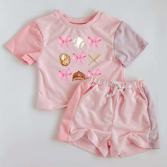 (Custom Design Preorder MOQ 5)  Baseball Bows Pink Top Pockets Shorts Girls Summer Clothes Set