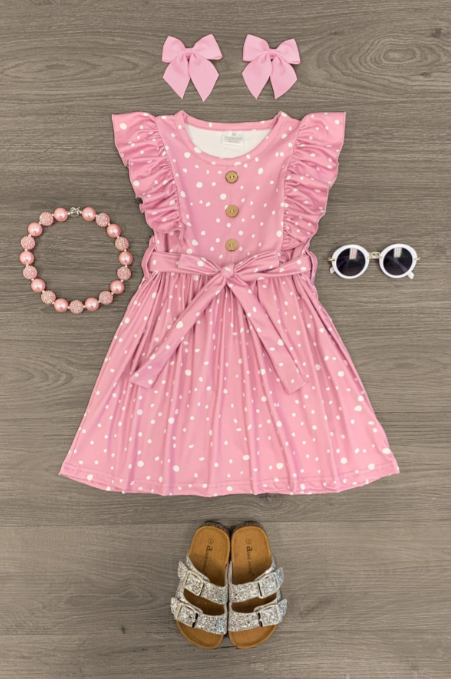 (Custom Design Preorder MOQ 5) Pink Polka Dot Print Girls Knee Length Summer Dress