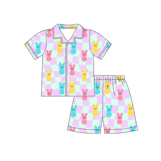 12.10 (Custom Design Preorder MOQ 5) Colorful Bunny Plaid Print Girls Easter Buttons Pajamas Clothes Set