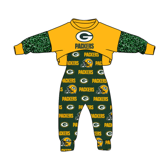 (Custom Design MOQ 5)  NO.16 Green Yellow Football Team's Print Girls Jumpsuits Clothes Set