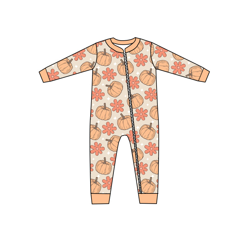 (Custom Design Preorder MOQ 5) NO.16 Punpkin Flowers Baby Zip Romper