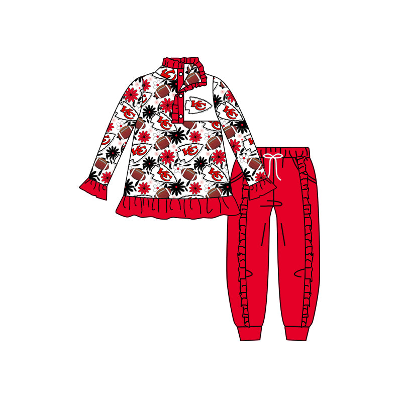 (Custom Design Preorder MOQ 5) Team's KC Flowers Top Red Pants Girls Fall Clothes Set