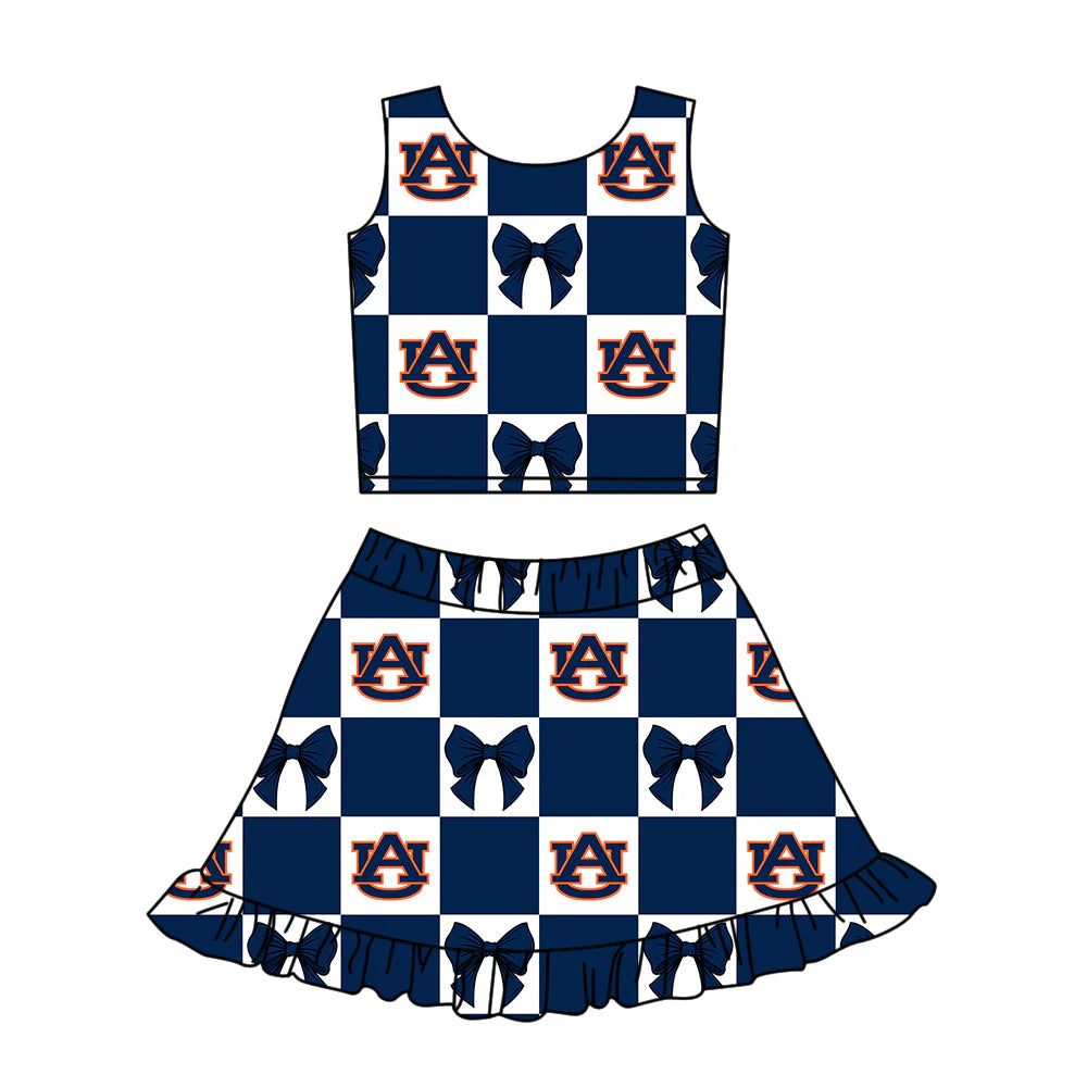 (Custom Design Preorder MOQ 5 Each Color) Team's Auburn Tigers Bows Plaid Print Girls Summer Clothes Sisters Matching Wear
