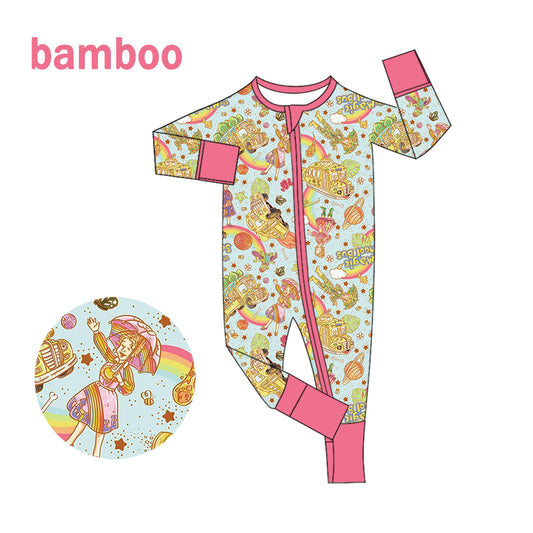 (Custom Design Preorder MOQ 20) Cartoon Magic Character Print Baby Girls Long Sleeve Bamboo Sleeper Zipper Romper