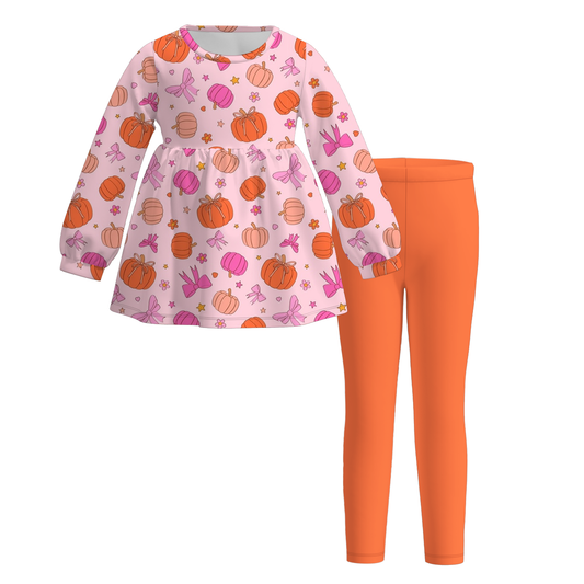 (Custom Design Preorder MOQ 5) Pumpkin Bows Tunic Top Legging Pants Girls Fall Clothes Set