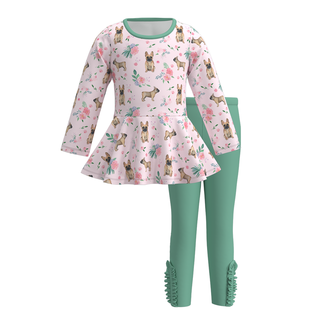 (Custom Design Preorder MOQ 5) Dog Flowers Tunic Top Green Pants Girls Fall Clothes Set