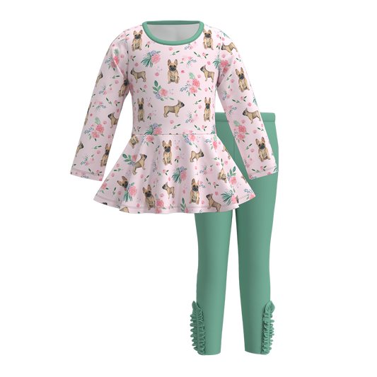 (Custom Design Preorder MOQ 5) Dog Flowers Tunic Top Green Pants Girls Fall Clothes Set