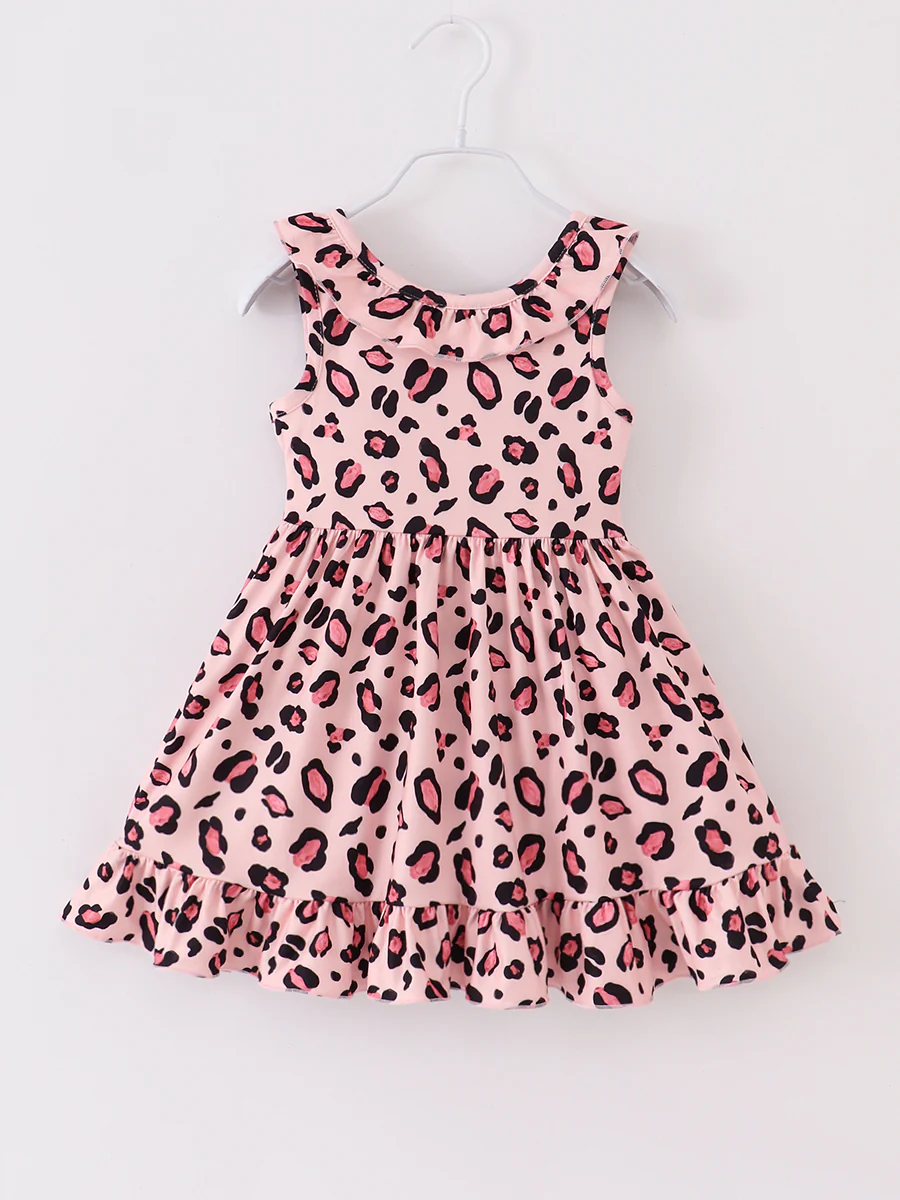 (Custom Design Preorder MOQ 5) Pink Leopard Print Girls Knee Length Summer Dress