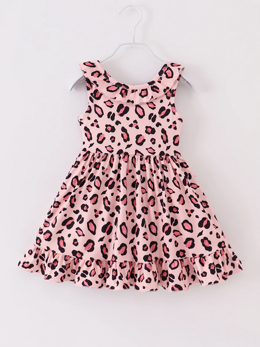 (Custom Design Preorder MOQ 5) Pink Leopard Print Girls Knee Length Summer Dress