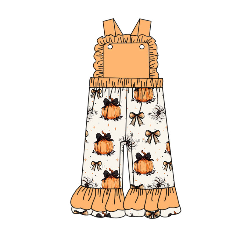 (Custom Design Preorder MOQ 5) Pumpkin Bows Print Girls Jumpsuits