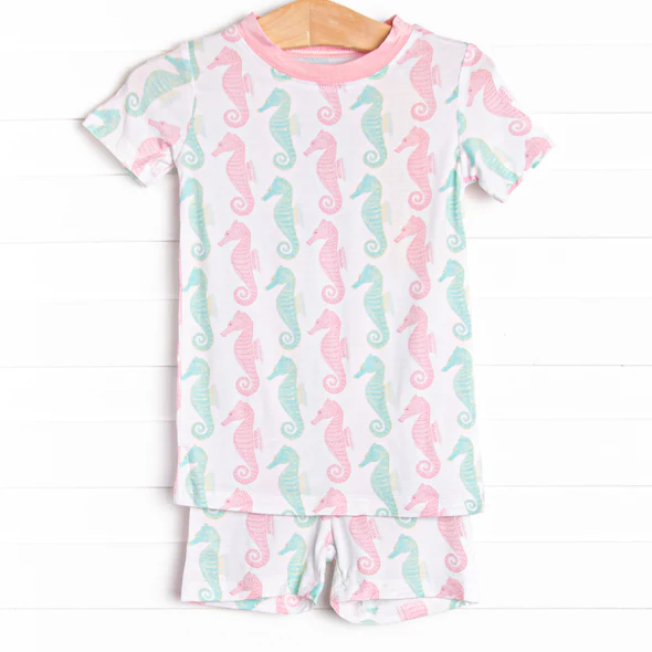 (Custom Design Preorder MOQ 5)  Sea Horse Print Girls Summer Pajamas Clothes Set