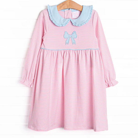 (Custom Design Preorder MOQ 5 ) Bows Pink Stripes Print Girls Fall Knee Length Dress