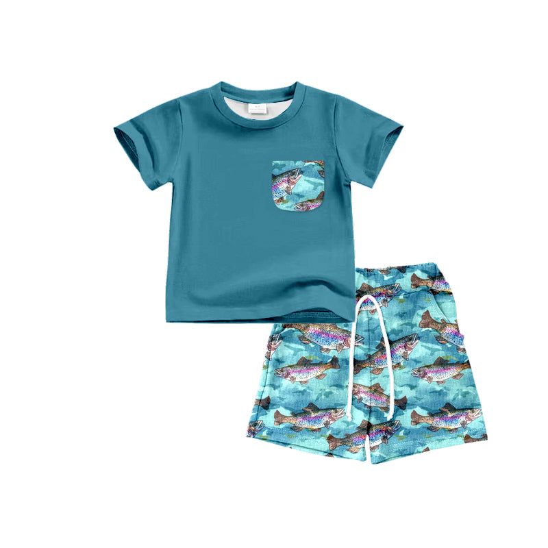 (Custom Design Preorder MOQ 5)  Dark Blue Pocket Top Fish Shorts Boys Summer Clothes Set