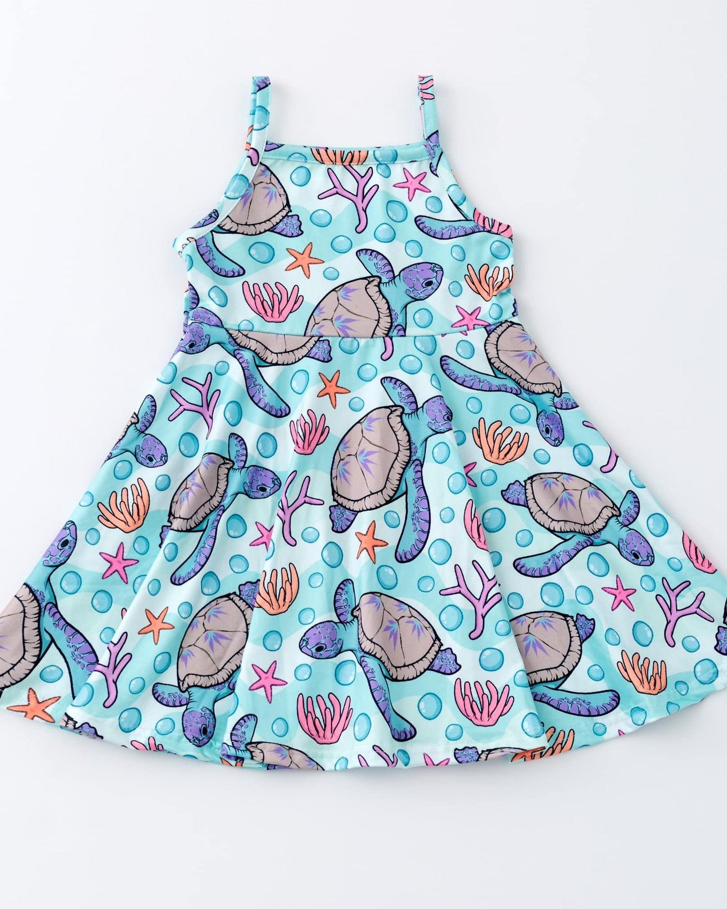 (Custom Design Preorder MOQ 5) Sea Turtle Blue Print Girls Summer Knee Length Dress