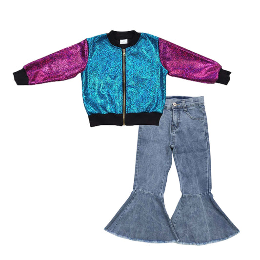 BT0292+P0325 Pink Blue Sparkle Jackets Top Light Denim Bell Jeans Girls Fall Clothes Set