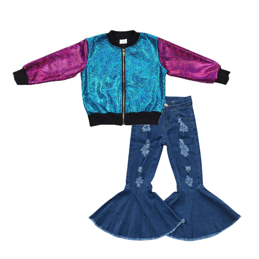BT0292+P0133 Pink Blue Sparkle Jackets Top Blue Hole Denim Bell Jeans Girls Fall Clothes Set