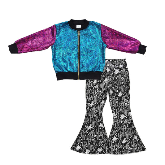 BT0292+P0158 Pink Blue Sparkle Jackets Top Black Cactus Denim Bell Jeans Girls Fall Clothes Set