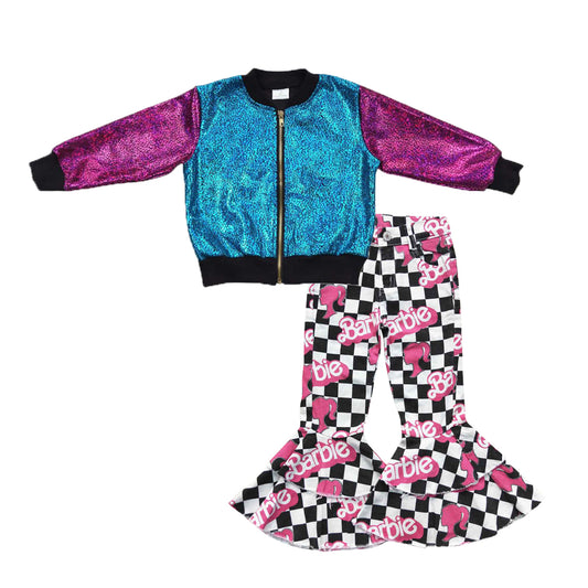 BT0292+P0243 Pink Blue Sparkle Jackets Top Pink BA Denim Bell Jeans Girls Fall Clothes Set
