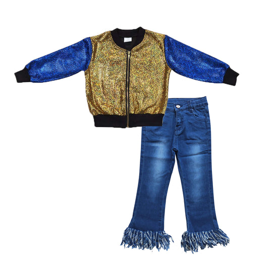 BT0293+D4-29 Mustard Blue Sparkle Jackets Top Tassels Denim Jeans Girls Fall Clothes Set