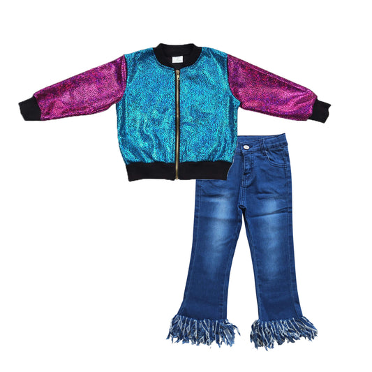 BT0292+D4-29 Pink Blue Sparkle Jackets Top Tassels Denim Jeans Girls Fall Clothes Set