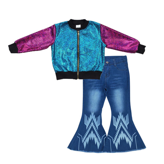 BT0292+P0126 Pink Blue Sparkle Jackets Top Aztec Denim Bell Jeans Girls Fall Clothes Set