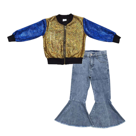 BT0293+P0325 Mustard Blue Sparkle Jackets Top Light Denim Bell Jeans Girls Fall Clothes Set