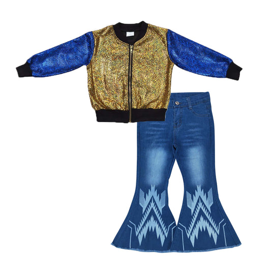 BT0293+P0126 Mustard Blue Sparkle Jackets Top Aztec Denim Bell Jeans Girls Fall Clothes Set