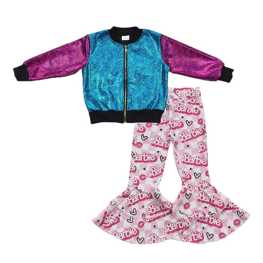 BT0292+P0294 Pink Blue Sparkle Jackets Top Pink BA Denim Bell Jeans Girls Fall Clothes Set