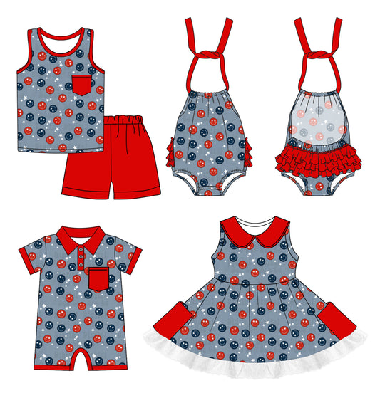 1.4(Custom Design Preorder MOQ 5 Each Design) Smiling Face Stars Print Kids 4th of July Matching Clothes Sibling Wear