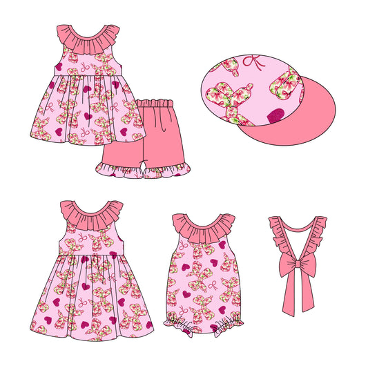 1.3(Custom Design Preorder MOQ 5 Each Design) Balloon Dog Flowers Bows Print Girls Summer Matching Clothes Sisters Wear