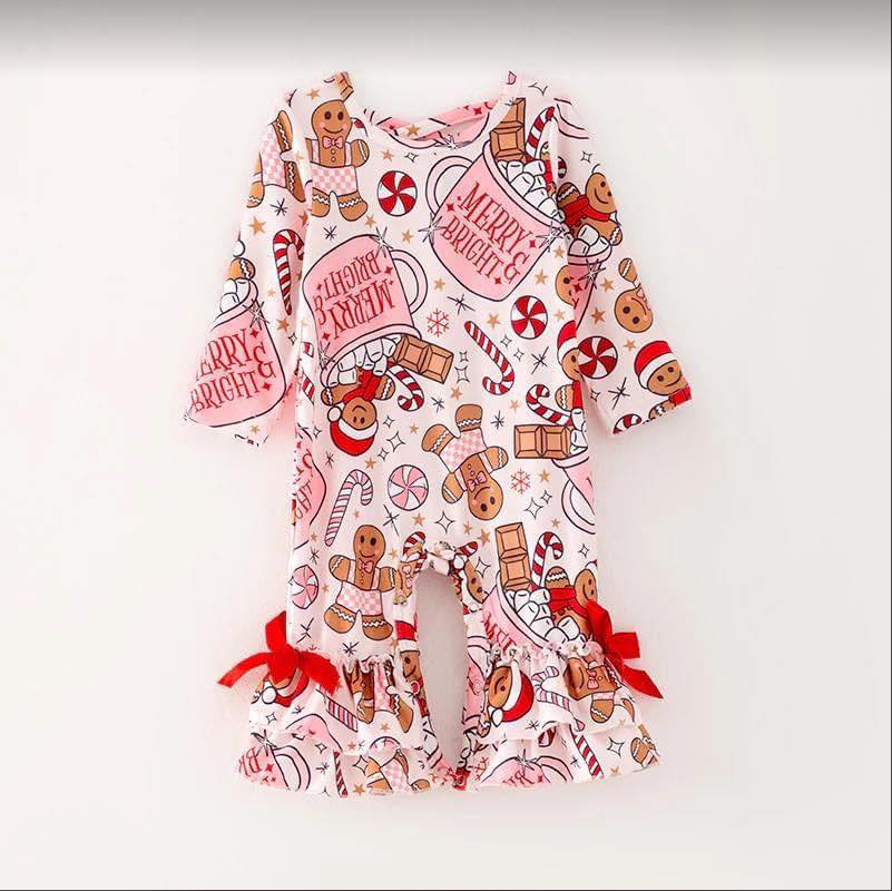 (Custom Design Preorder MOQ 5) Gingerbread Candy Cane Print Baby Girls Christmas Romper