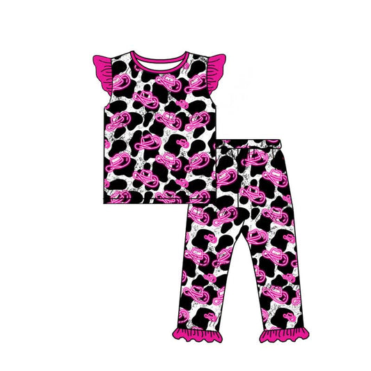 (Custom Design Preorder MOQ 5) Hat Cowhide Print Girls Western Pajamas Clothes Set