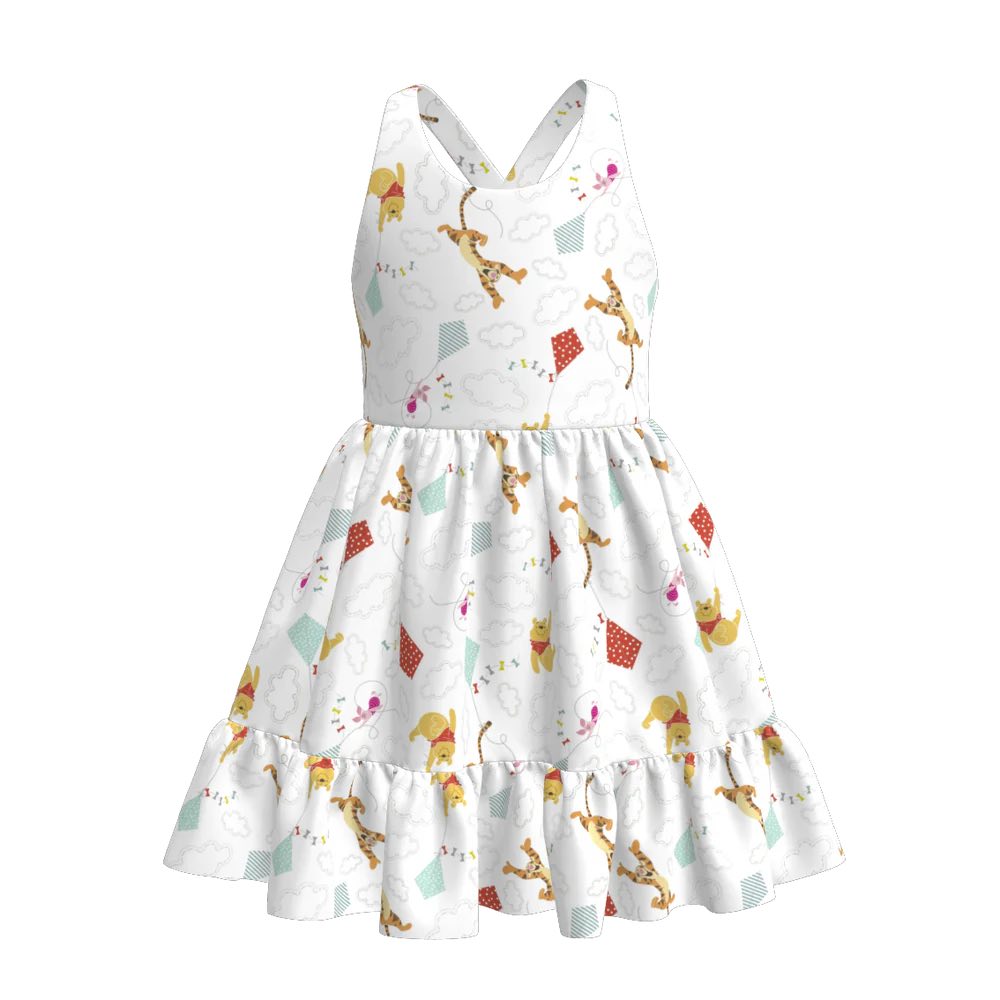 (Custom Design Preorder MOQ 5) Cartoon Bear Kite Print Girls Summer Knee Length Dress