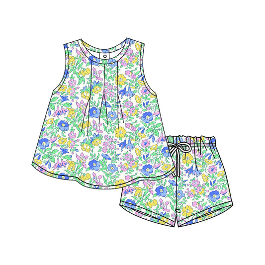 12.9(Custom Design Preorder MOQ 5) Small Flowers Sleeveless Top Shorts Girls Summer Clothes Set