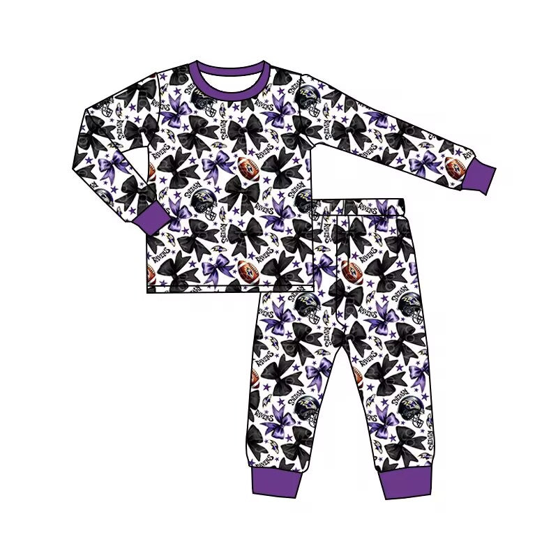 (Custom Design Preorder MOQ 5) Team's Purple Bows Print Girls Pajamas Clothes Set