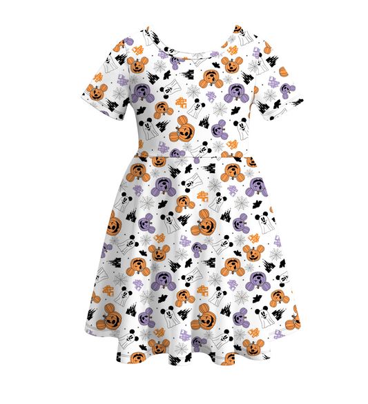 (Custom Design Preorder MOQ 5) Cartoon Mouse Pumpkin Print Girls Knee Length Halloween Dress