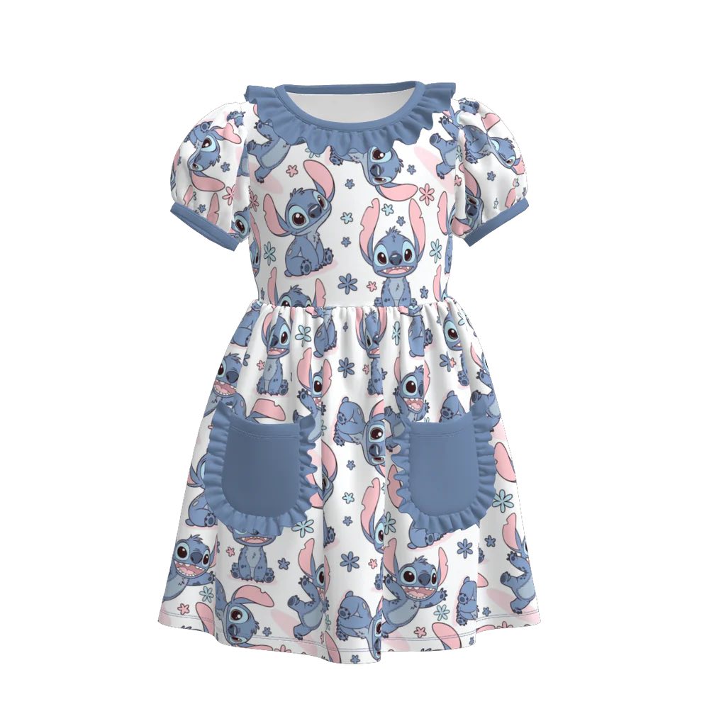 (Custom Design Preorder MOQ 5) Cartoon Stitc* Print Pockets Girls Summer Knee Length Dress