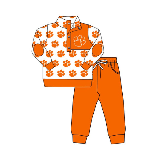 (Custom Design Preorder MOQ 5) Team's CLEMSON TIGERS Pullover Top Orange Pants Boys Fall Clothes Set