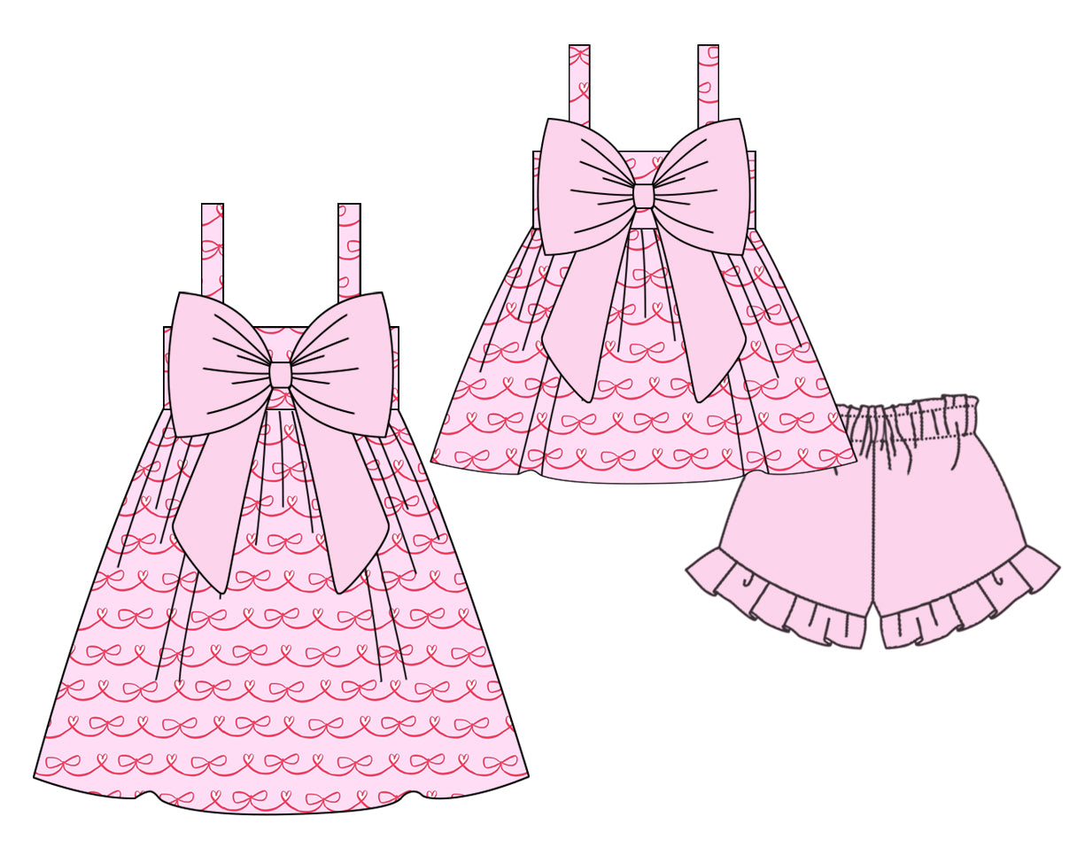 11.16(Custom Design Preorder MOQ 5 Each Design) Bows Heart Pink Print Girls Summer Matching Clothes Sisters Wear