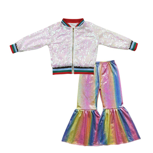 BT0294+P0178 White Pink Sparkle Sequin Jackets Top Rainbow Bell Pants Girls Fall Clothes Set
