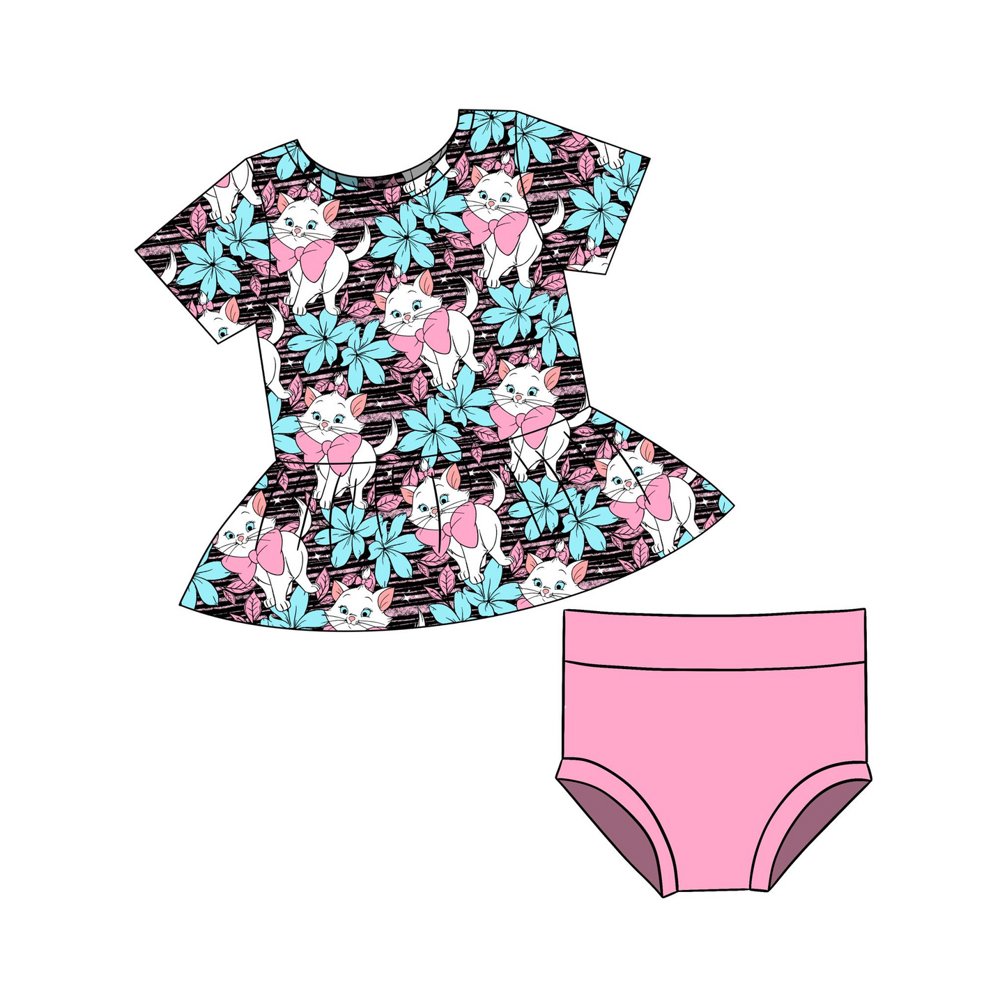 (Custom Design Preorder MOQ 5)  Cat Flowers Print Baby Girls Summer Bummie Sets