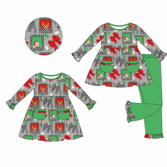 5.24(Custom Design Preorder MOQ 5 Each Design) Santa Deer Bows Plaid Print Pockets Girls Christmas Matching Clothes Sisters Wear