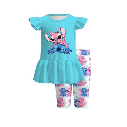 (Custom Design Preorder MOQ 5)  Cartoon Animals Stitc* Tunic Top Shorts Girls Summer Clothes Set