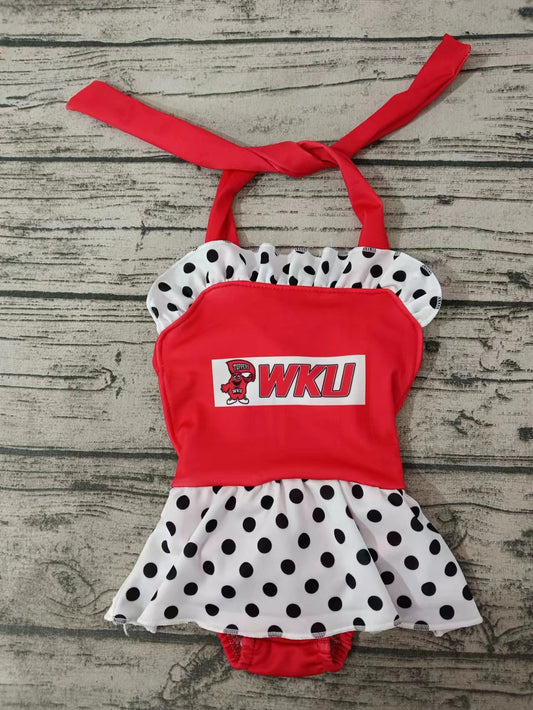 (Custom Design Preorder MOQ 5) Team's WKU Black Polka Dot Print Girls 1 Piece Swimsuits