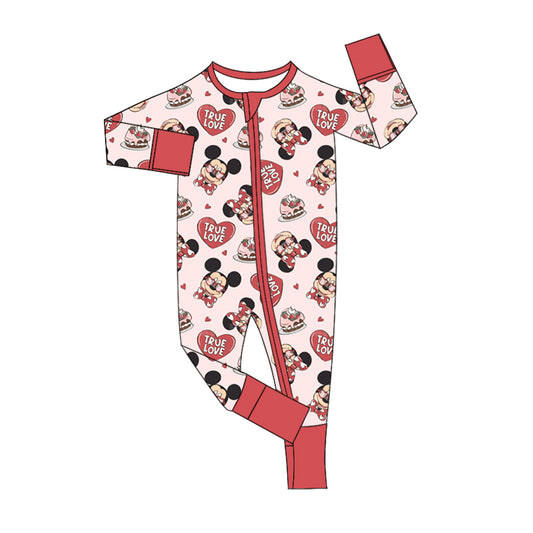 (Custom Design Preorder MOQ 5)  Cartoon Mouse Heart Print Baby Girls Valentine's Day Bamboo Sleeper Zipper Romper